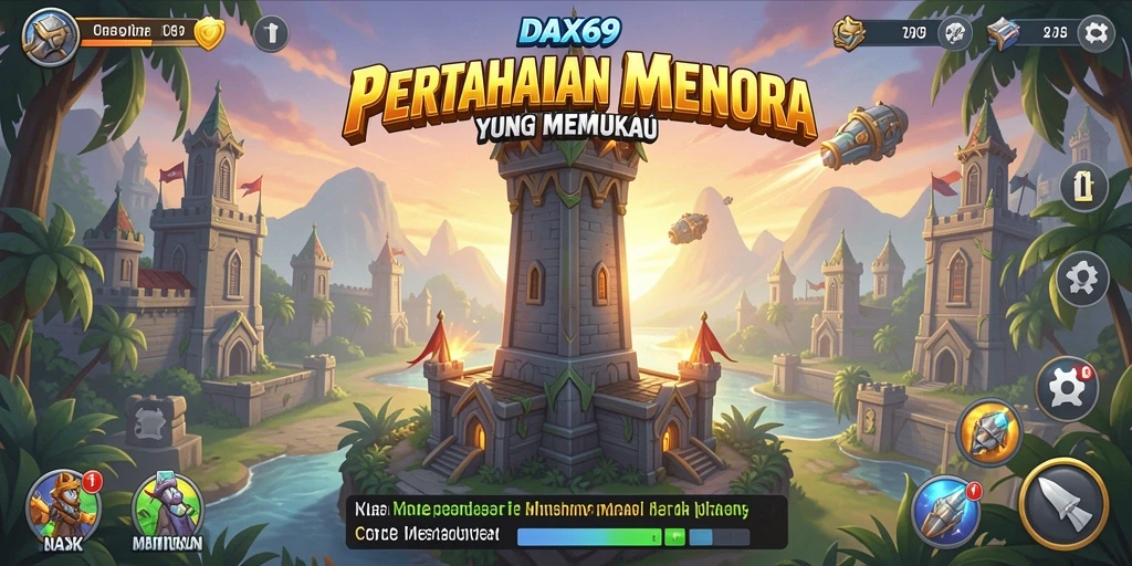 Screenshot gameplay DAX69 menampilkan aksi pertahanan menara yang seru.