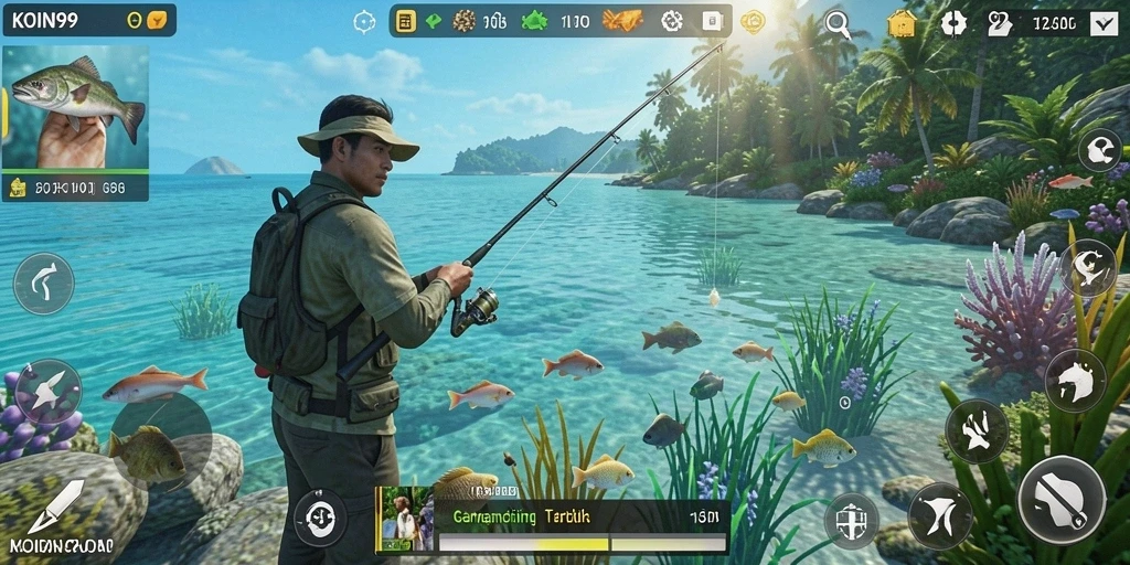 Tampilan gameplay KOIN99 yang menampilkan aksi memancing seru.