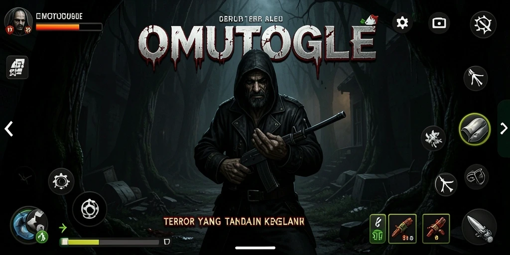 Screenshot dari gameplay OMUTOGEL menampilkan suasana mencekam dalam kegelapan.