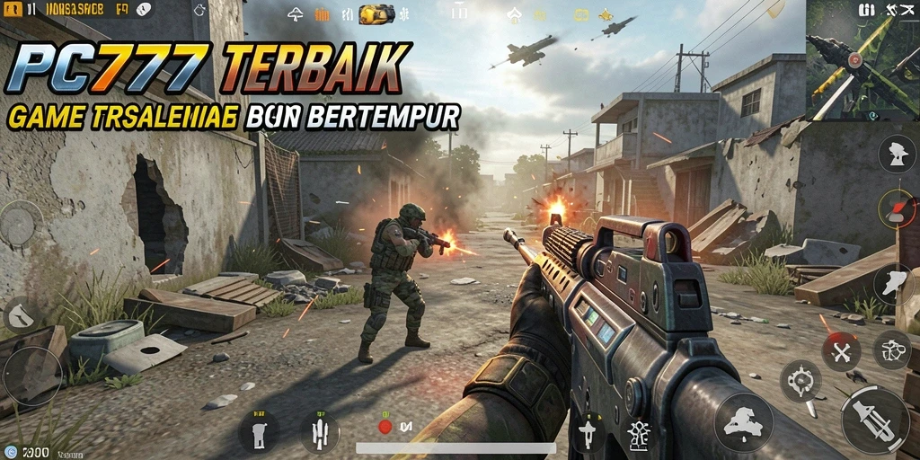Tangkapan layar utama menunjukkan aksi intens dalam permainan FPS.