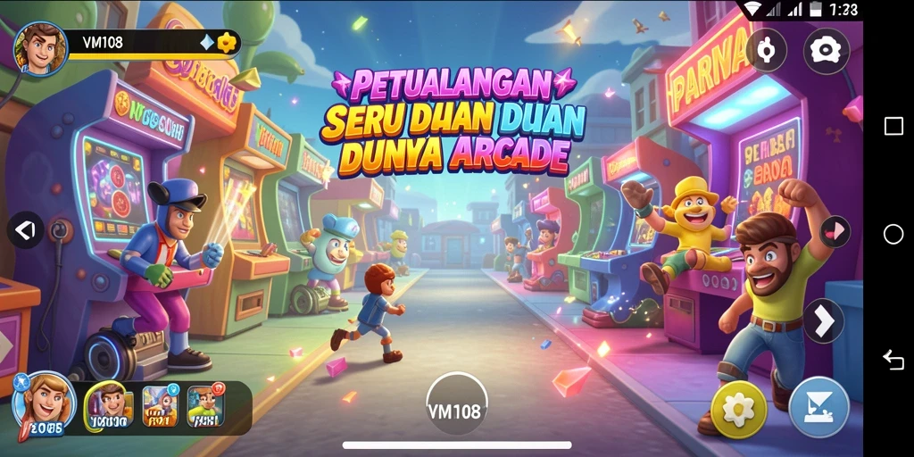 Screenshot gameplay VM108 menampilkan aksi seru di level yang penuh warna.