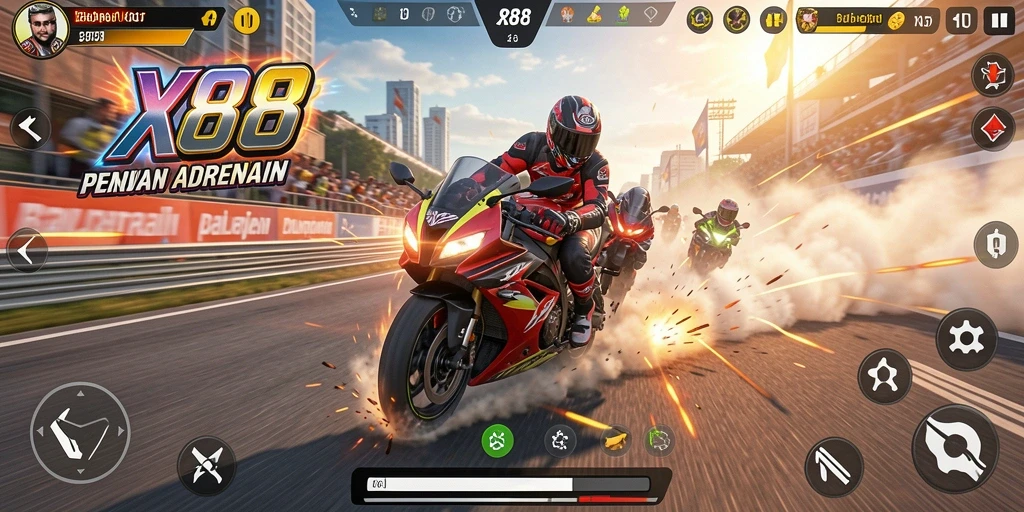 Screenshot dari gameplay X88 menampilkan balapan motor yang menegangkan.